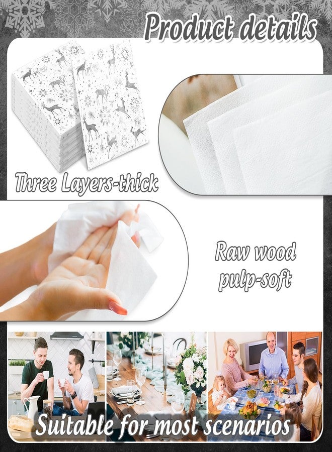 JarThenaAMCS مناديل ورقية من JarThenaAMCS، ٥٠ قطعة، للاستخدام مرة واحدة، مصنوعة من رقائق معدنية فضية اللون، مزينة برسومات ندفة الثلج والغزلان، مثالية للغداء والعشاء وحفلات أعياد الميلاد. - Image 3